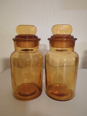 Antique Amber With Bubbles Apothecary Jars w Lollipop Lids 6" Set Of Two